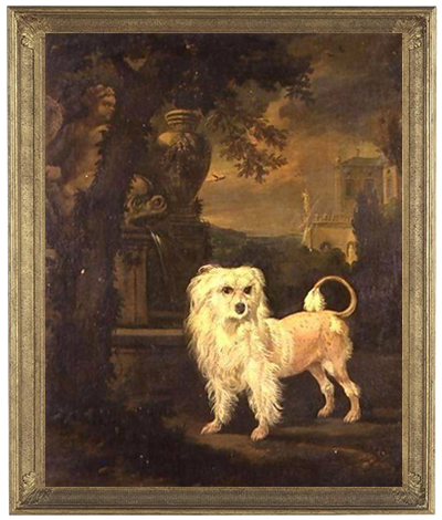 “Löwchen By A Fountain,” an oil painting by Jan Wyck, Dutch Baroque Era Painter